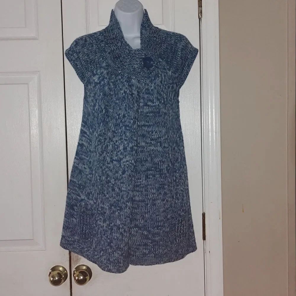 Tomfoolery Sleeveless Knit One Button Wrap Cardigan blue white Sz XL